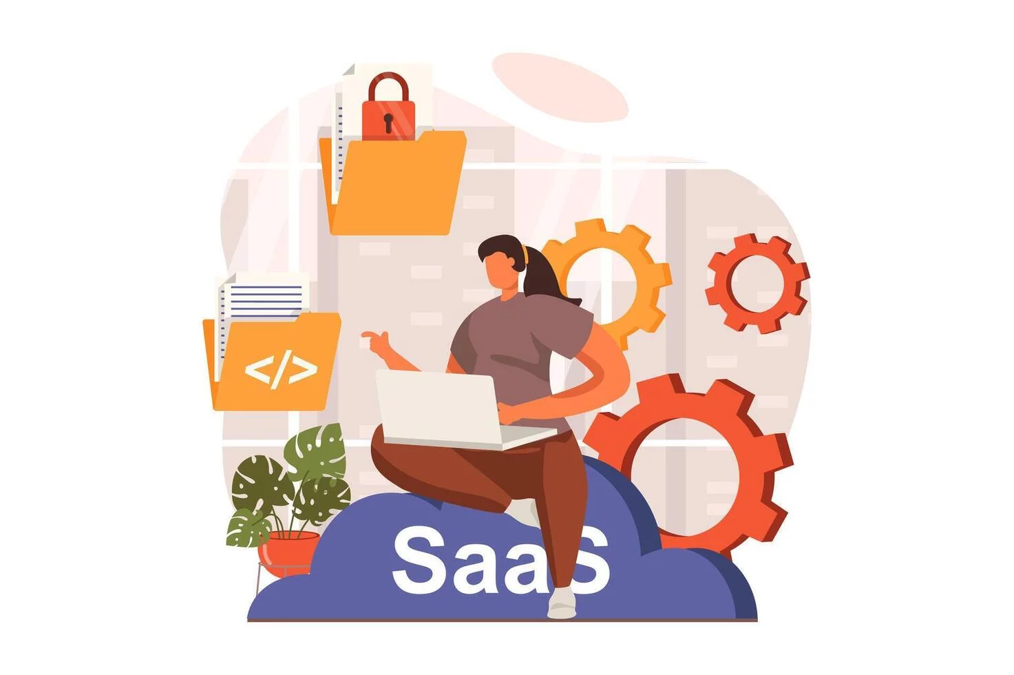 saas web concept in flat design woman working at laptop and using programs and services purchased by subscription user works with cloud technologies illustration with characters scene vector